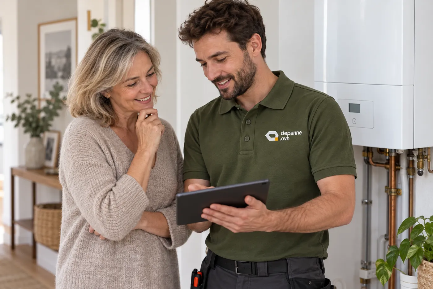 Chauffagiste expliquant sur tablette le compte rendu d’entretien à une cliente
