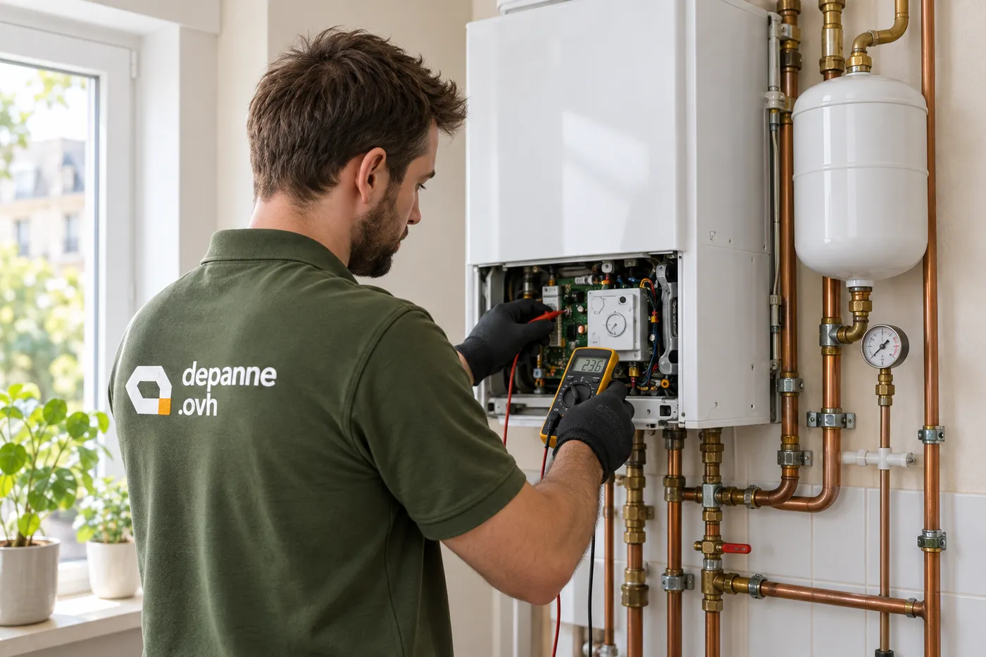 Chauffagiste de depanne.ovh contrôlant la carte électronique d’une chaudière murale gaz